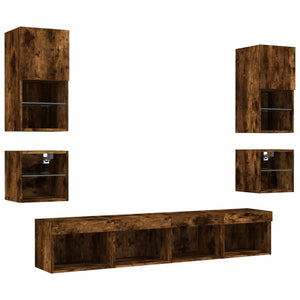 vidaXL Meuble TV mural 8 pièces avec éclairage LED Chêne fumé en bois d'ingénierie