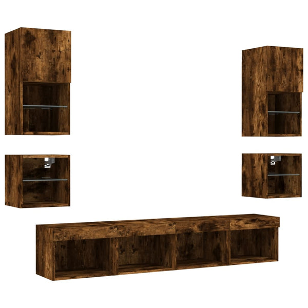 vidaXL Meuble TV mural 8 pièces avec éclairage LED Chêne fumé en bois d'ingénierie