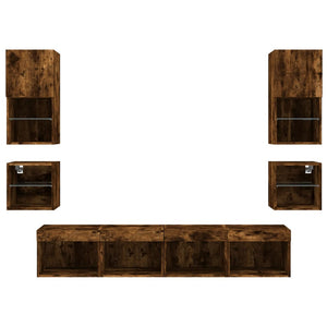 vidaXL Meuble TV mural 8 pièces avec éclairage LED Chêne fumé en bois d'ingénierie