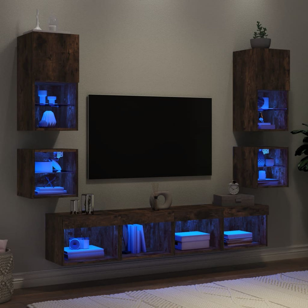 vidaXL Meuble TV mural 8 pièces avec éclairage LED Chêne fumé en bois d'ingénierie