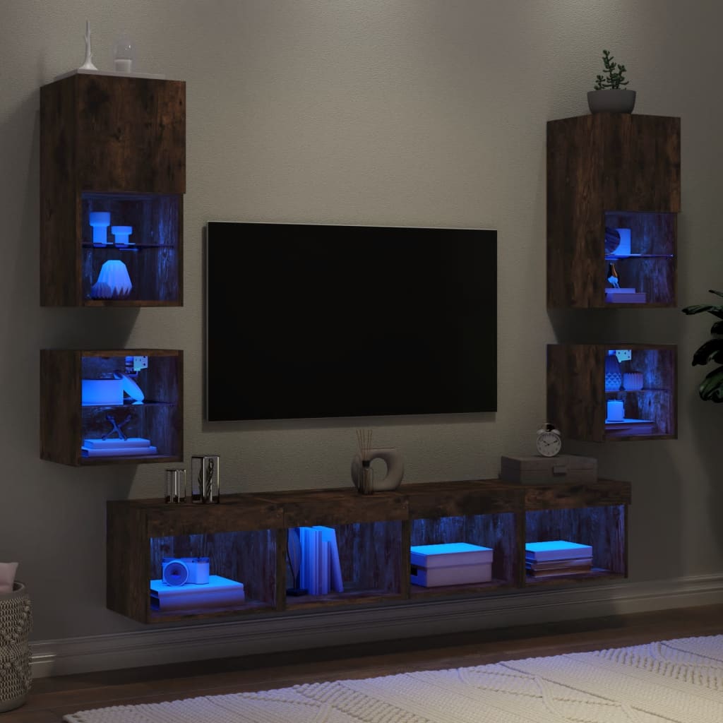 vidaXL Meuble TV mural 8 pièces avec éclairage LED Chêne fumé en bois d'ingénierie
