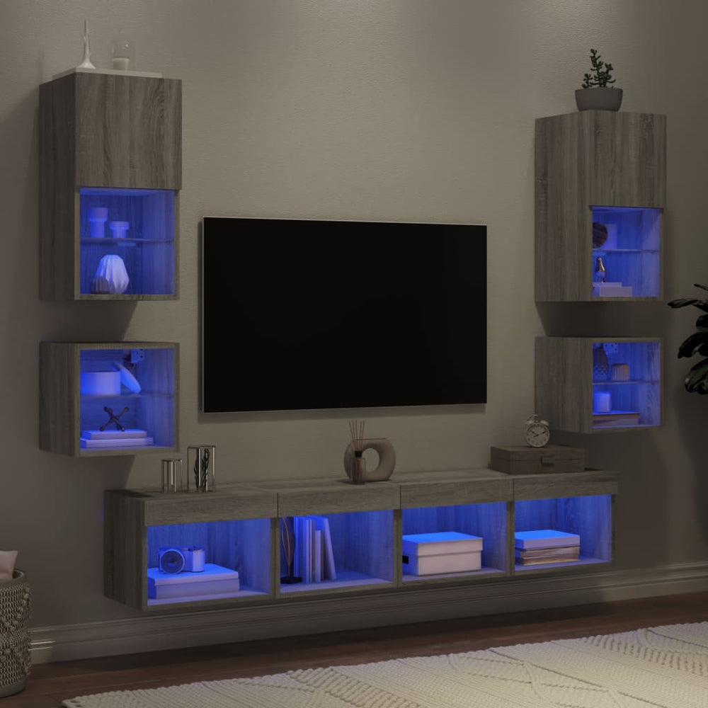 vidaXL Meuble TV, 8 pcs, avec lumières LED, aggloméré, chêne sonoma