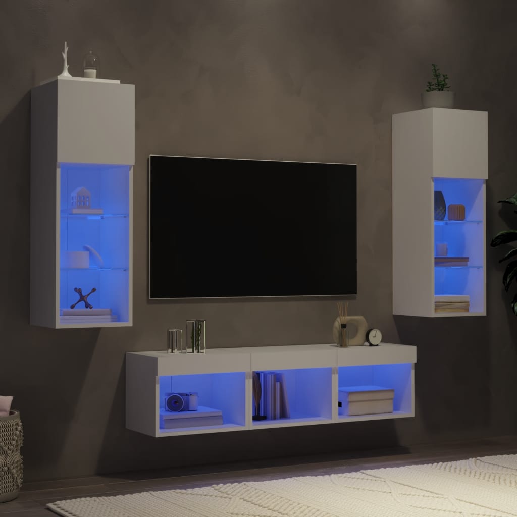 vidaXL Meuble TV 5 pièces avec éclairage LED Blanc Bois d'ingénierie