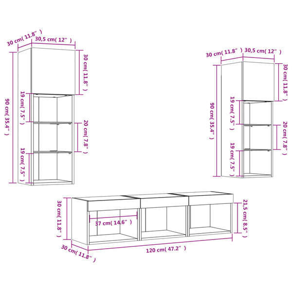 vidaXL Meuble TV mural 5 pcs avec éclairage LED Chêne Sonoma Bois d'ingénierie