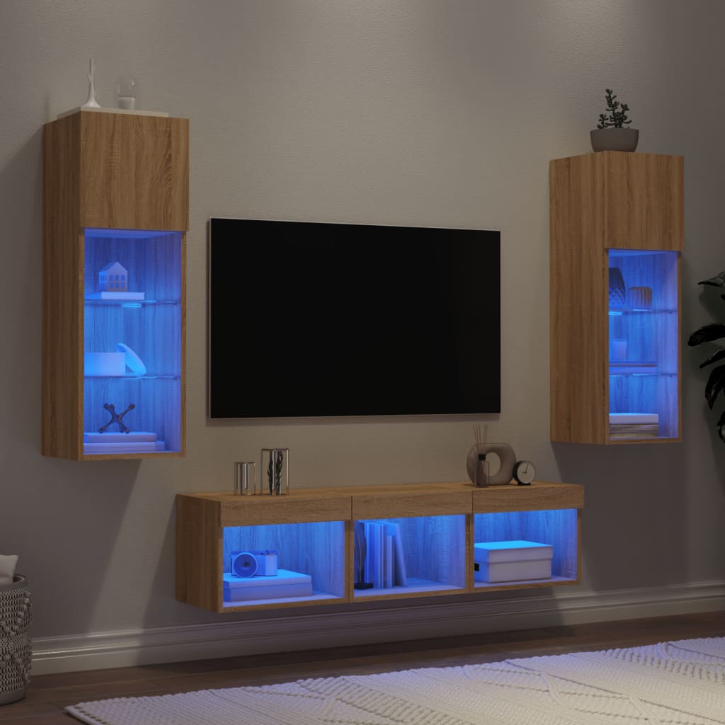 vidaXL Meuble TV mural 5 pcs avec éclairage LED Chêne Sonoma Bois d'ingénierie