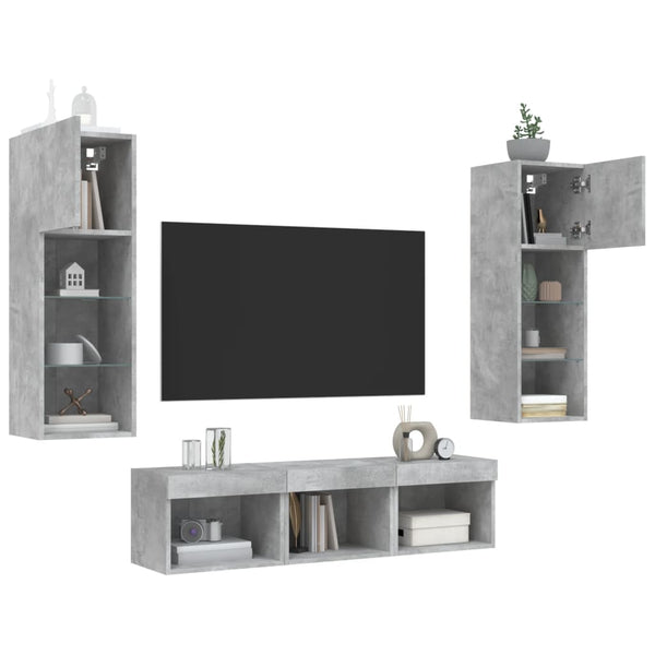 vidaXL Meuble TV 5 pièces avec éclairage LED Gris béton Bois d'ingénierie