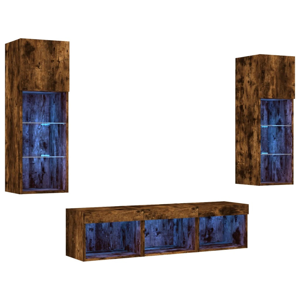 vidaXL Meuble TV 5 pièces avec éclairage LED Chêne fumé Bois d'ingénierie