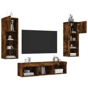 vidaXL Meuble TV 5 pièces avec éclairage LED Chêne fumé Bois d'ingénierie