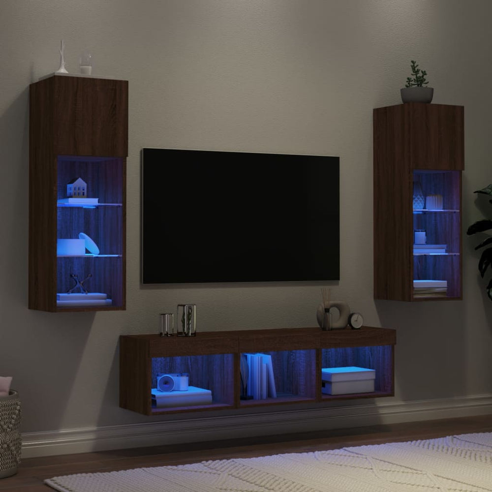 vidaXL Meuble TV mural 5 pcs avec éclairage LED Chêne marron