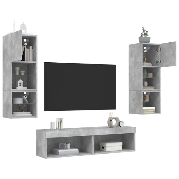 vidaXL Meuble TV, 6 pcs., avec éclairage LED, gris béton, bois d'ingénierie