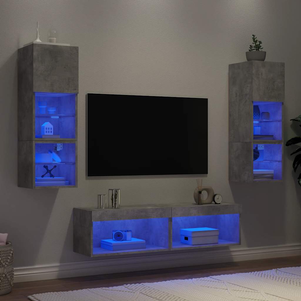vidaXL Meuble TV, 6 pcs., avec éclairage LED, gris béton, bois d'ingénierie