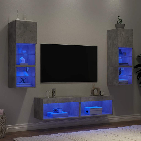 vidaXL Meuble TV, 6 pcs., avec éclairage LED, gris béton, bois d'ingénierie