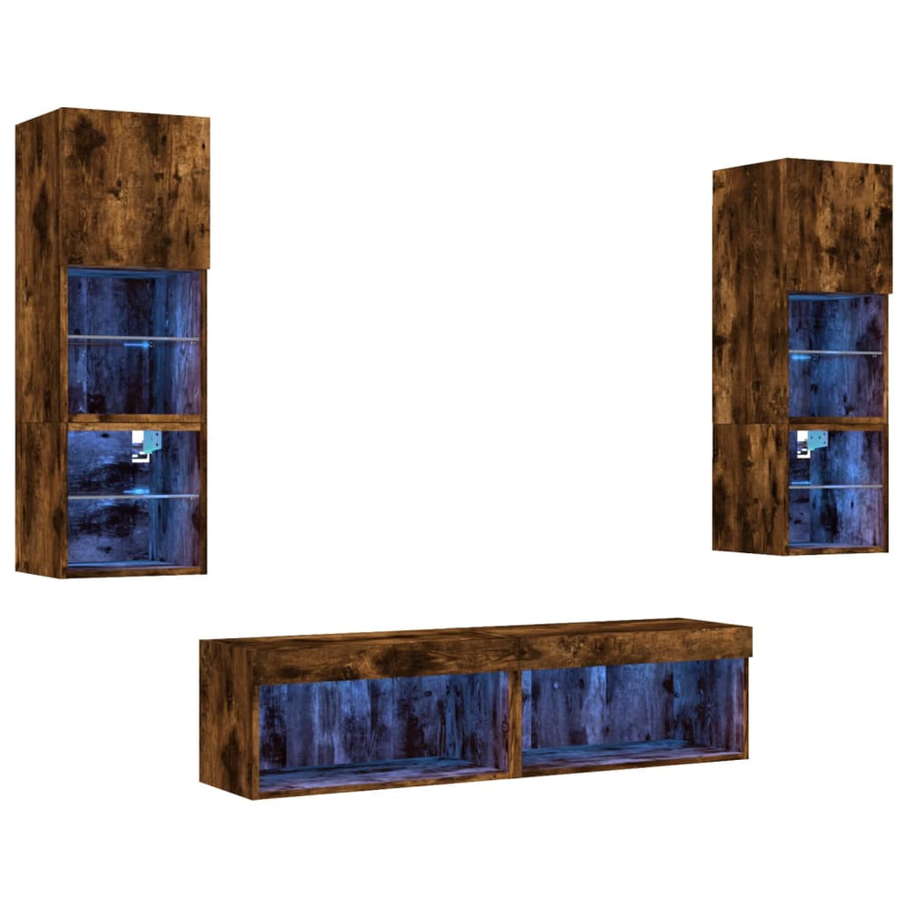 vidaXL Ensemble de meubles muraux 6 pcs avec éclairage LED chêne fumé bois d'ingénierie
