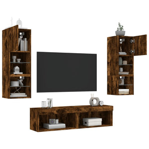 vidaXL Ensemble de meubles muraux 6 pcs avec éclairage LED chêne fumé bois d'ingénierie