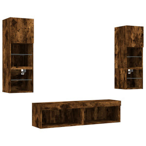 vidaXL Ensemble de meubles muraux 6 pcs avec éclairage LED chêne fumé bois d'ingénierie