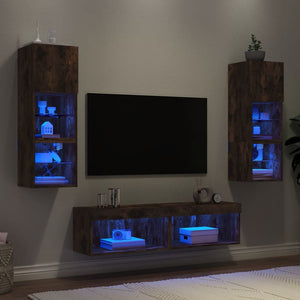 vidaXL Ensemble de meubles muraux 6 pcs avec éclairage LED chêne fumé bois d'ingénierie