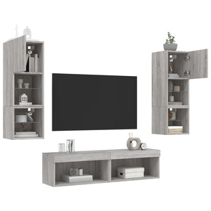 6-teilige Wohnwand mit LED Grau/Sonoma