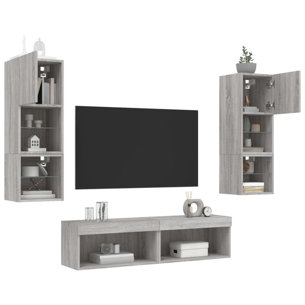 6-teilige Wohnwand mit LED Grau/Sonoma