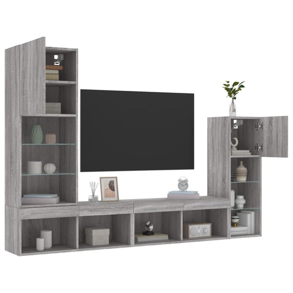 4-tlg. Wohnwand mit LED Grau Sonoma