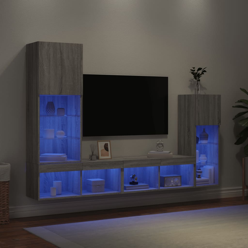 4-tlg. Wohnwand mit LED Grau Sonoma