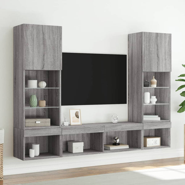 5-tlg. Wohnwand mit LED Grau Sonoma