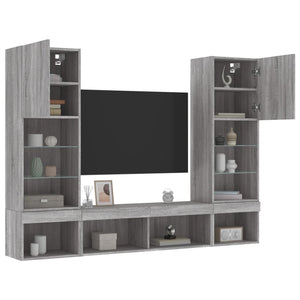 5-tlg. Wohnwand mit LED Grau Sonoma