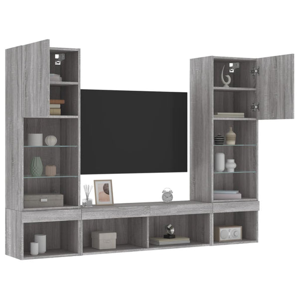 5-tlg. Wohnwand mit LED Grau Sonoma