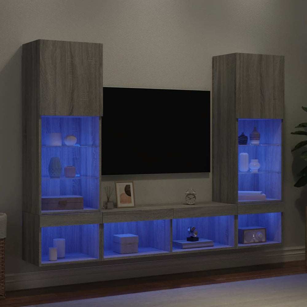 5-tlg. Wohnwand mit LED Grau Sonoma