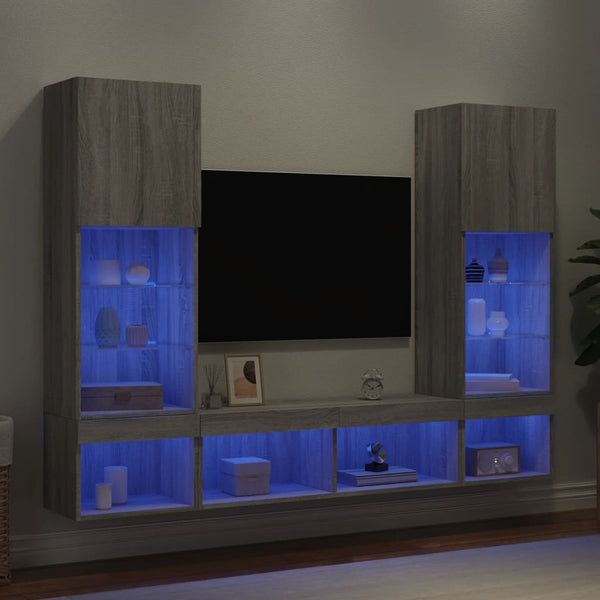 5-tlg. Wohnwand mit LED Grau Sonoma