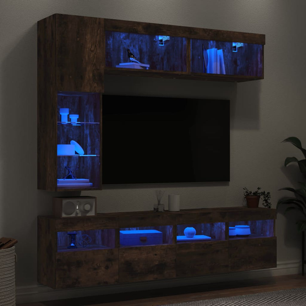 7-teilige TV-Wohnwand mit LED Räuchereiche