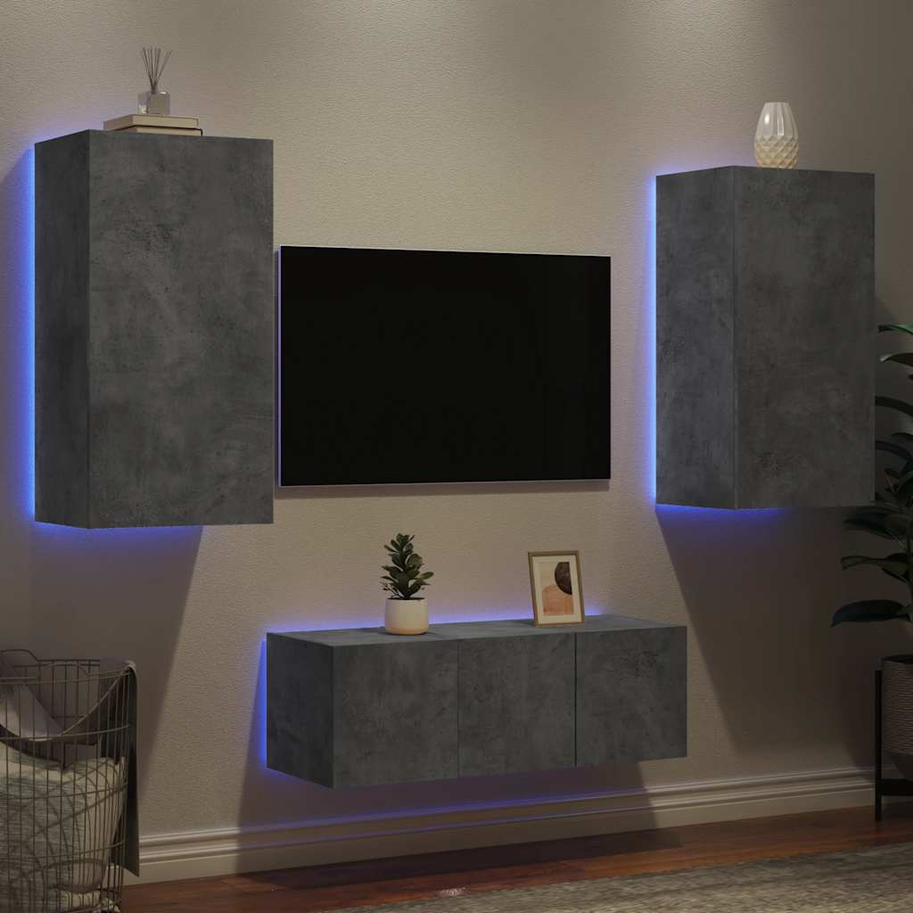 4-tlg. Wohnwand mit LED Betongrau