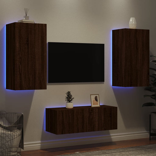 Wohnwand 4-teilig mit LED Braun Eiche