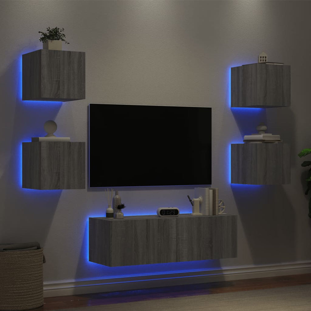 5-tlg. TV-Wohnwand mit LED Grau Sonoma