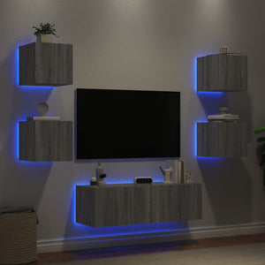 5-tlg. TV-Wohnwand mit LED Grau Sonoma