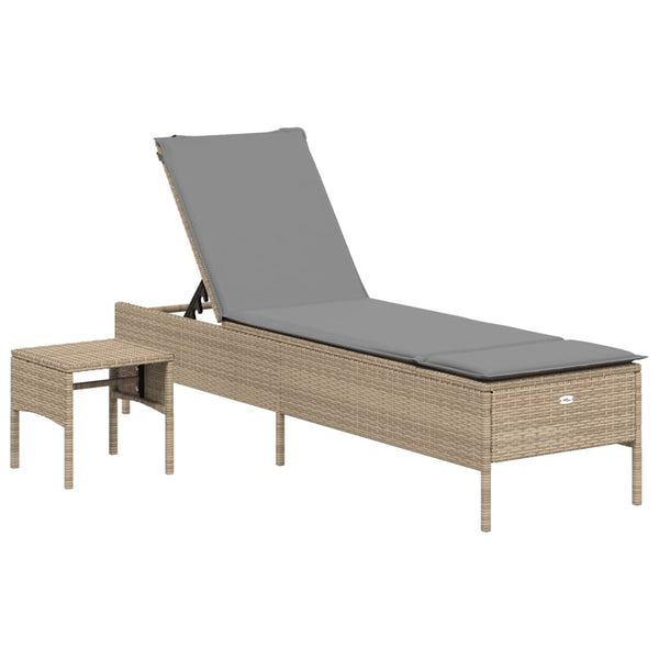 Beige Poly Rattan Sonnenliege mit Tisch