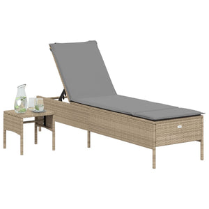 Beige Poly Rattan Sonnenliege mit Tisch