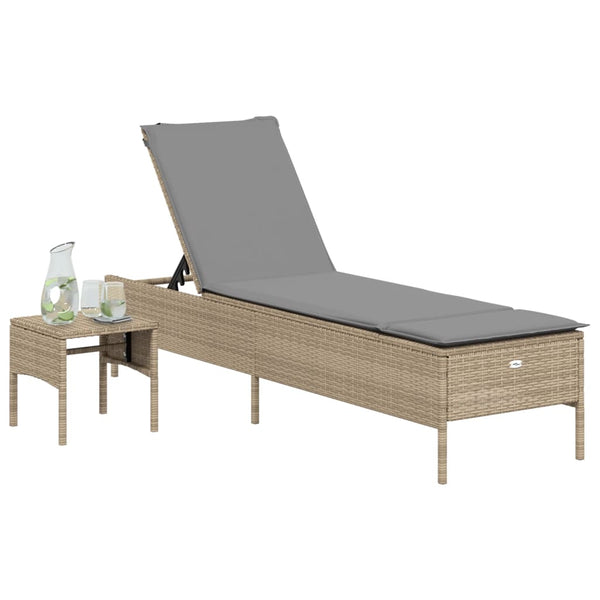 Beige Poly Rattan Sonnenliege mit Tisch