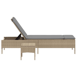 Beige Poly Rattan Sonnenliege mit Tisch