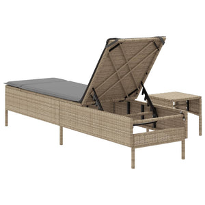 Beige Poly Rattan Sonnenliege mit Tisch