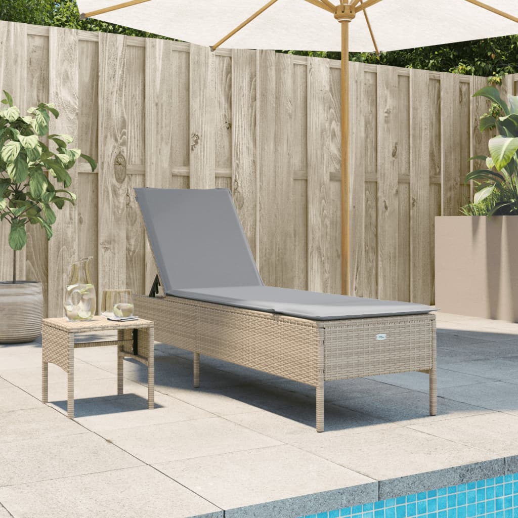 Beige Poly Rattan Sonnenliege mit Tisch