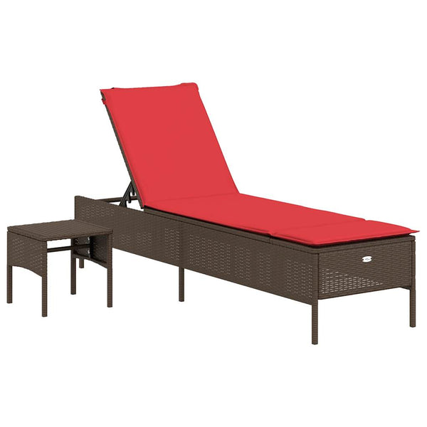 Sonnenliege Braun Poly Rattan mit Tisch & Kissen