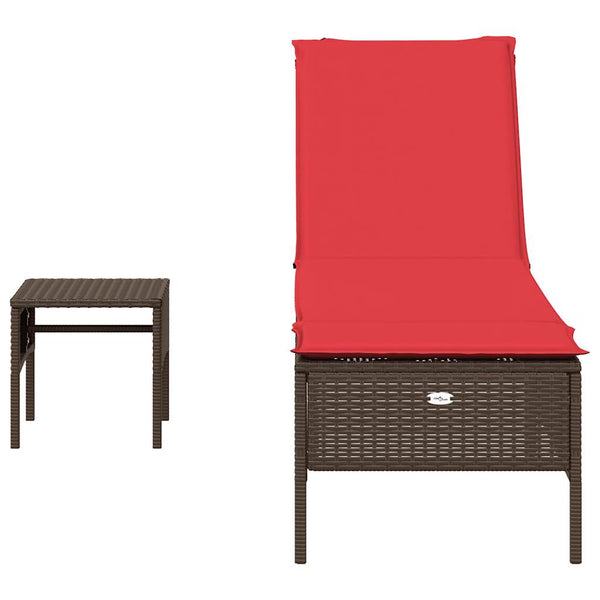 Sonnenliege Braun Poly Rattan mit Tisch & Kissen
