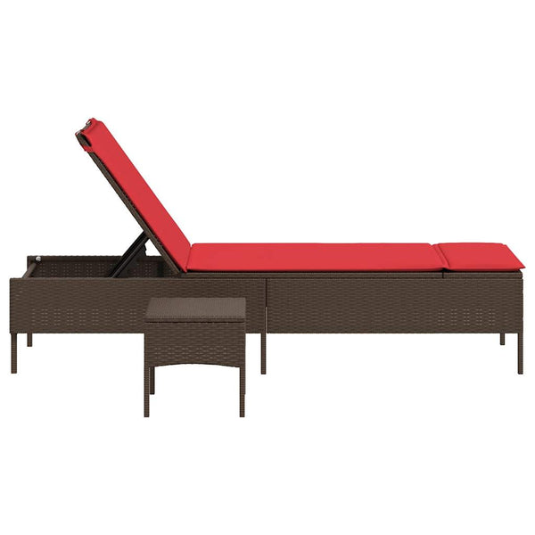 Sonnenliege Braun Poly Rattan mit Tisch & Kissen