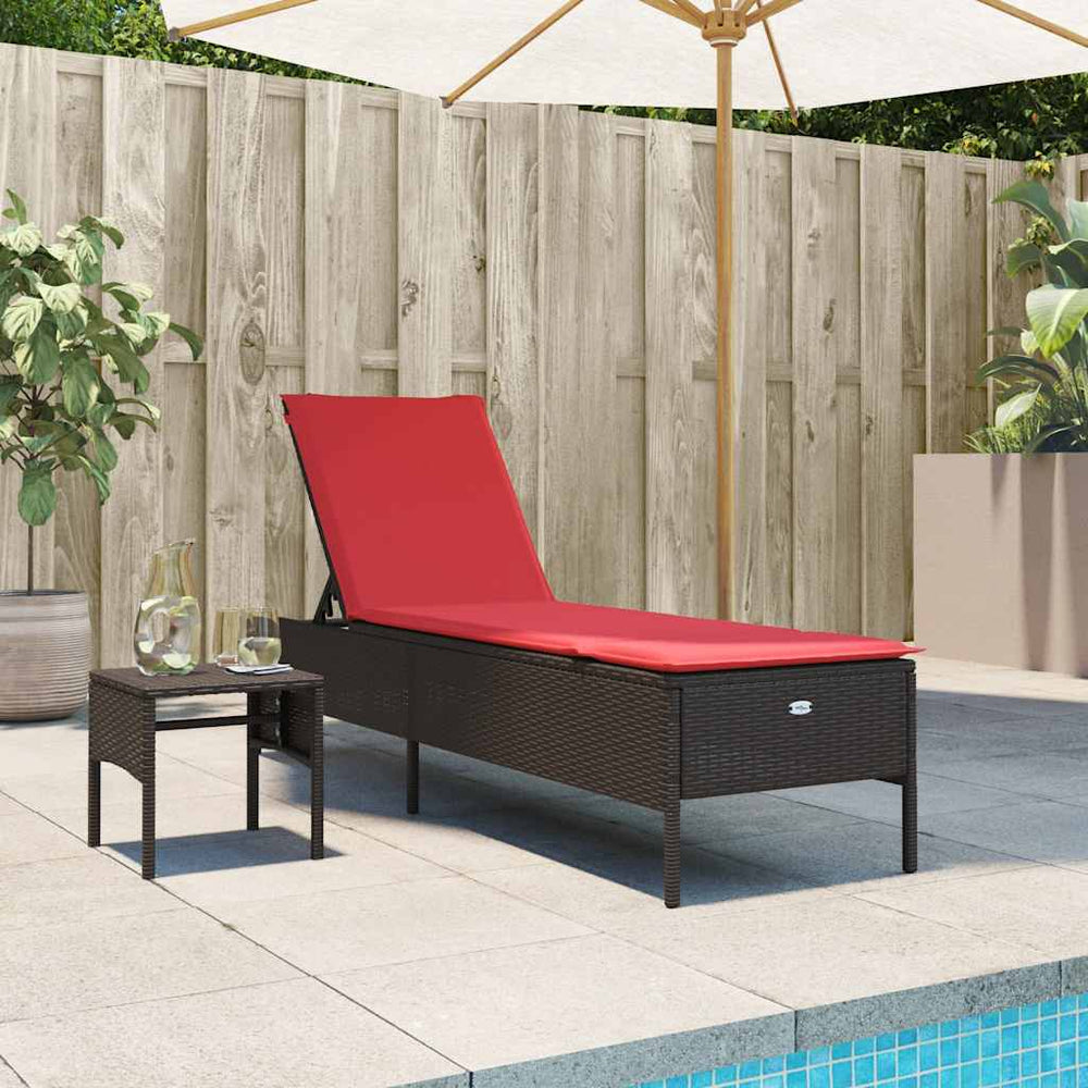 Sonnenliege Braun Poly Rattan mit Tisch & Kissen