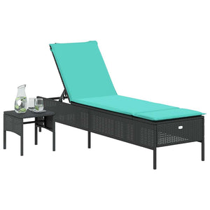 Schwarze Poly Rattan Sonnenliege mit Tisch & Kissen