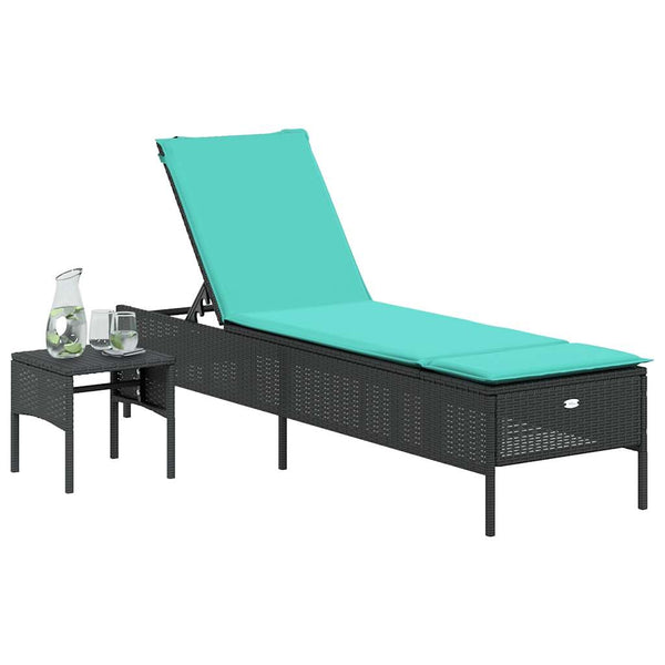 Schwarze Poly Rattan Sonnenliege mit Tisch & Kissen