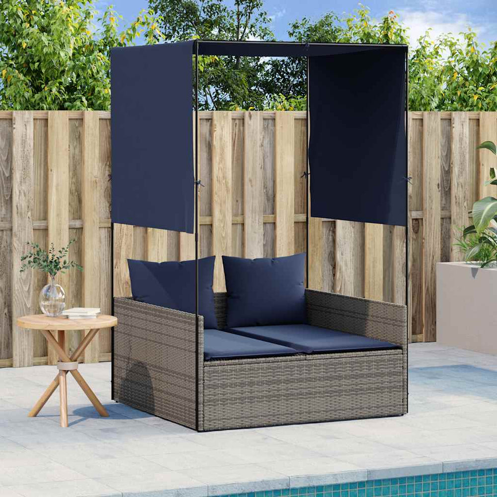 Doppelte Sonnenliege Polyrattan mit Dach Grau