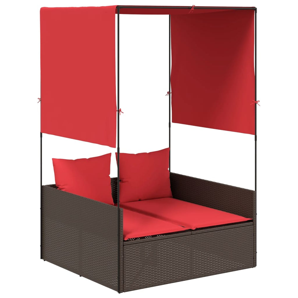 Doppelte Sonnenliege mit Dach Braun Poly Rattan