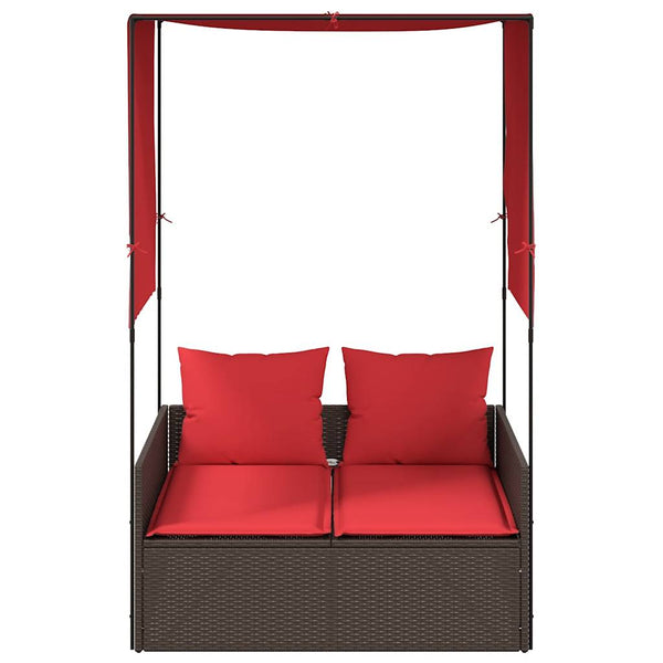 Doppelte Sonnenliege mit Dach Braun Poly Rattan