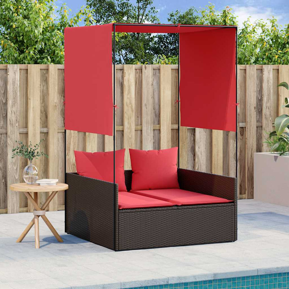 Doppelte Sonnenliege mit Dach Braun Poly Rattan